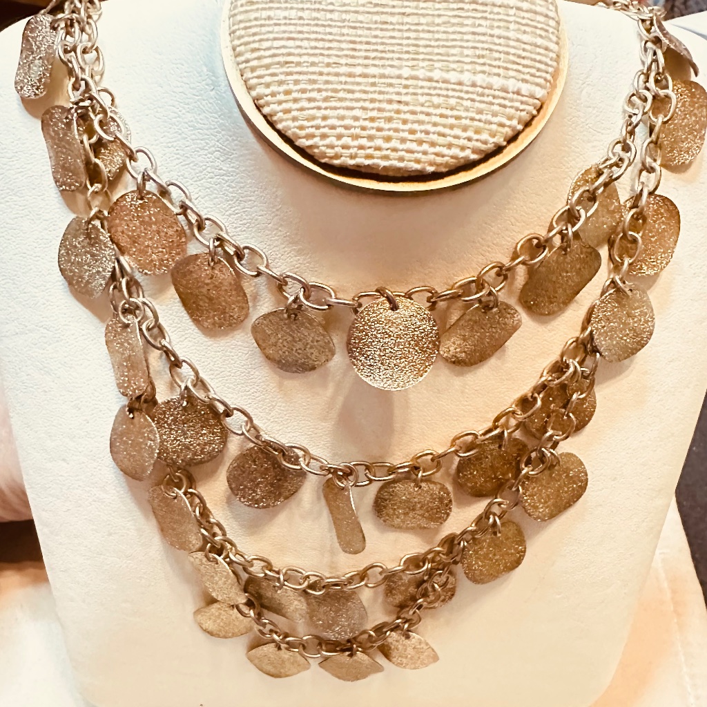 Gold Tone 4 Strand Layered Bib Necklace W/Several Round Discs Per Layer
